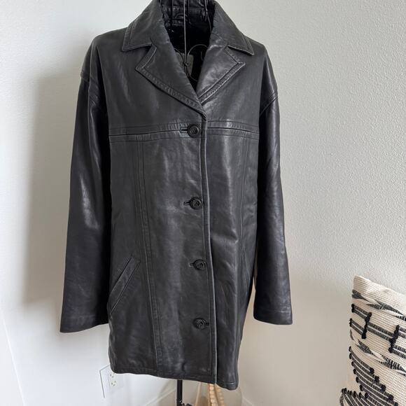 London Fog Jackets & Blazers - Vintage London Fog Black Leather Jacket Size Small Button Front Collared Coat